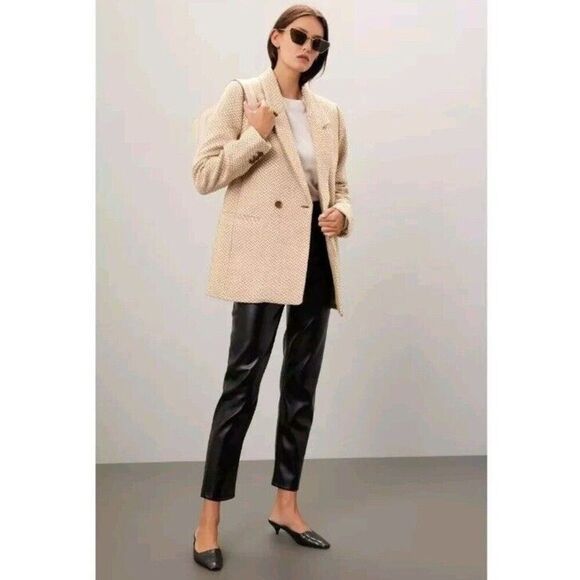 Anine Bing Fishbone Double Breasted Blazer Jacket Large Tan Cream Beige Wool XL - Picture 10 of 13